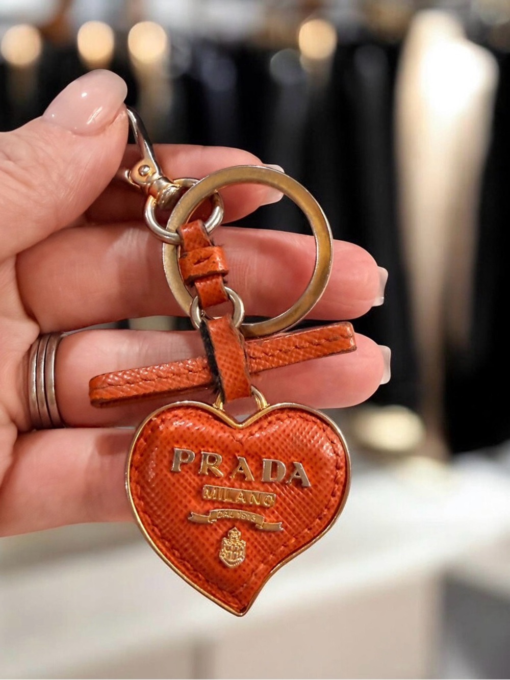 Preloved | Authentic Prada Key Holder Saffiano Orange Metal Leather Italy & Box✨